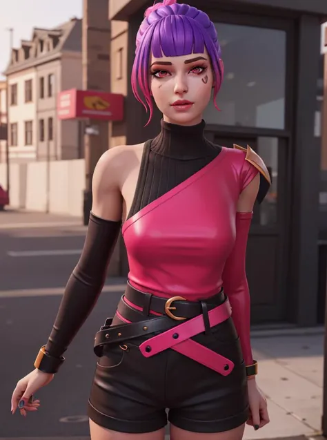 <lora:VRAMsTracy640:0.5>, xyztracy, 1girl, portrait, beautiful, masterpiece, multicolored hair, pink hair, purple hair, blunt bangs, 3d model, octane render, asymmetric clothes, black sweater, pink latex, detached sleeves, beautiful eyes, makeup, eyelashes, black shorts, belt