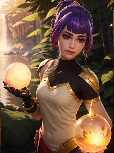 <lora:VRAMsTracy640:0.5>, xyztracy, 1girl, portrait, beautiful, masterpiece, multicolored hair, pink hair, purple hair, blunt bangs,  portrait,  looking at viewer, solo, (full body:0.6), detailed background, (, ivorygoldai, ivory-gold theme:1.1)  benign,  serene, light fantasy, apprentice, casting light spell,   bright clouds, floating light particles,  black clothes, gloves, magic sphere, divine spell, mana, bright realistic lighting, serene forest in background, peaceful atmosphere, brazier,