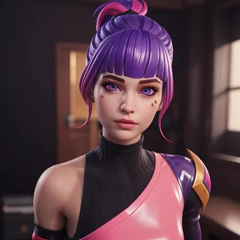 <lora:VRAMsTracy640:0.5>, xyztracy, 1girl, portrait, beautiful, masterpiece, multicolored hair, pink hair, purple hair, blunt bangs, 3d model, octane render, asymmetric clothes, black sweater, pink latex, detached sleeves, beautiful eyes