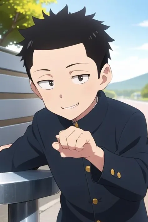 <lora:chi's_seatmate:0.7> chi's_seatmate, 1boy, solo, black eyes, dot pupils, black hair, short hair, gakuran, black jacket, outdoors, black pants, looking at viewer, sunlight, light smile,