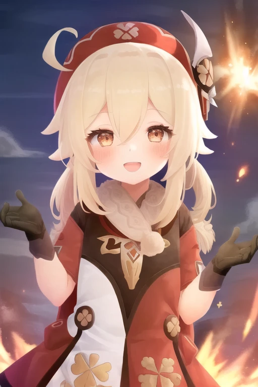 (1girl:1.15), solo, upper body,
<lora:kleeGenshinImpact_:0.7> klee \(genshin impact\), , (cute:1.1), blonde hair, red dress, happy, smiling, explosion in the background, masterpiece, highly detailed, best quality, sharp focus, soft lighting, warm colors, vivid colors, saturated colors
<lora:44_v10:0.8>