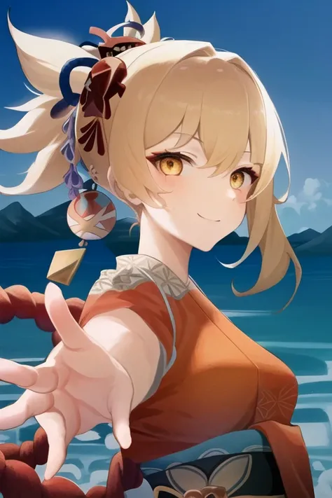 (1girl:1.15), solo, upper body,
Yoimiya \(genshin impact\), blonde hair, 1girl, solo, japanese clothes, hair ornament, orange kimono, kimono, Japanese scenery in the background, dramatic pose, epic, stunningly attractive, cinematic lighting, vivid colors, looking at viewer, (happy:0.9), friendly, playful
<lora:Yoimiya_hardpruned:1>
<lora:44_v10:0.8>