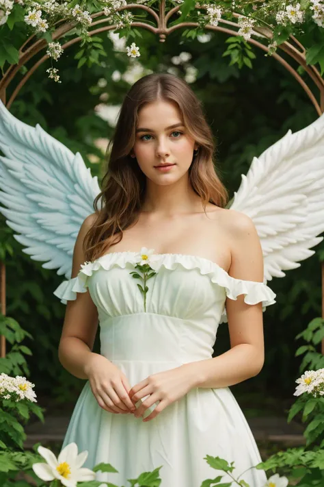 best quality,masterpiece,photorealistic,ultrarealistic,professional photograph shot on Canon EOS R6,80mm,1girl,(beautiful 24 yo swedish girl covered by flowers:1.05),white dress,angel,(two large angel wings),solo,detailed eyes,upper body,sad face,beautiful,looking at viewer,strapless,(art nouveau style),green vines,green leaves,nature theme,flowers,flirtatious,, Ultra-HD-details