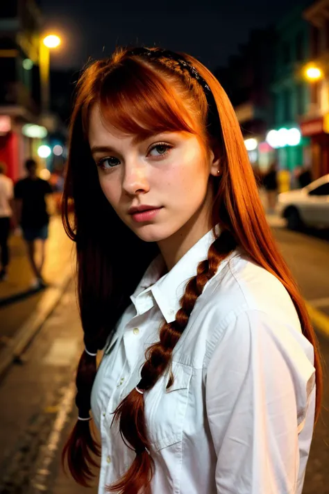 "Streetpunk Sexy" - Visualize a portrait of a young 22 year old ginger woman on bourbon street at night. The candid photo,taken from a distance,captures her indifferent expression in the midst of the urban night. She is wearing a white cotton shirt,torn denim jeans,with body sweat and wetness hinting at the city's humid atmosphere. messy hair,pigtails,long hair,red hair,candid pose,head tilt,The photo,taken with a Canon EOS 5D Mark III,showcases her natural skin texture,including blush (0.3) and pores (0.3),in hyperrealistic detail under soft,sharp lighting. The depth of field focuses on her detailed face,against a backdrop of soothing,muted colors and high contrast,creating a dark,yet gorgeous (1.2) and immersive night scene,from a distance,, Ultra-HD-details