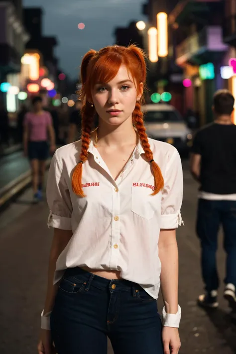 "Streetpunk Sexy" - Visualize a portrait of a young 22 year old ginger woman on bourbon street at night. The candid photo,taken from a distance,captures her indifferent expression in the midst of the urban night. She is wearing a white cotton shirt,torn denim jeans,with body sweat and wetness hinting at the city's humid atmosphere.pigtails,red hair,candid pose,head tilt,The photo,taken with a Canon EOS 5D Mark III,showcases her natural skin texture,including blush (0.3) and pores (0.3),in hyperrealistic detail under soft,sharp lighting. The depth of field focuses on her detailed face,against a backdrop of soothing,muted colors and high contrast,creating a dark,yet gorgeous (1.2) and immersive night scene,from a distance,looking at viewer,, Ultra-HD-details