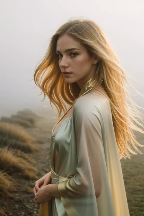 breathtaking,glowing,robe,(fog,:1.4) (mist:1.4),1girl,beautiful,long hair,solo,(photorealistic:1.4),cowboy shot,cinematic angle,motion blur,Long hair fluttering in the wind,long,wave,blonde hair,freckles,Thorough,analog style,female focus,highest quality,(highly detailed skin),perfect face,skin pores,(bokeh:0.6),sharp focus,dappled lighting,(backlighting:0.7),film grain,photographed on a Sony A7R IV,18mm F/1.7 cine lens,(highly detailed, intricately detailed),8k,HDR,front view,(full body visible:1.2) . award-winning,professional,highly detailed,golden hour,, Ultra-HD-details