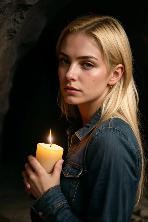 photograph of a woman,(troubled facial expression:1.1),textured skin,goosebumps,(blonde hair:1.2),black croptop,distressed boyfriend jeans,long sleeves,(candlelight,chiaroscuro:1.1),cowboy shot,dark and mysterious cave with unique rock formations and hidden wonders,perfect eyes,Porta 160 color,shot on ARRI ALEXA 65,bokeh,sharp focus on subject,shot by Don McCullin,, Ultra-HD-details