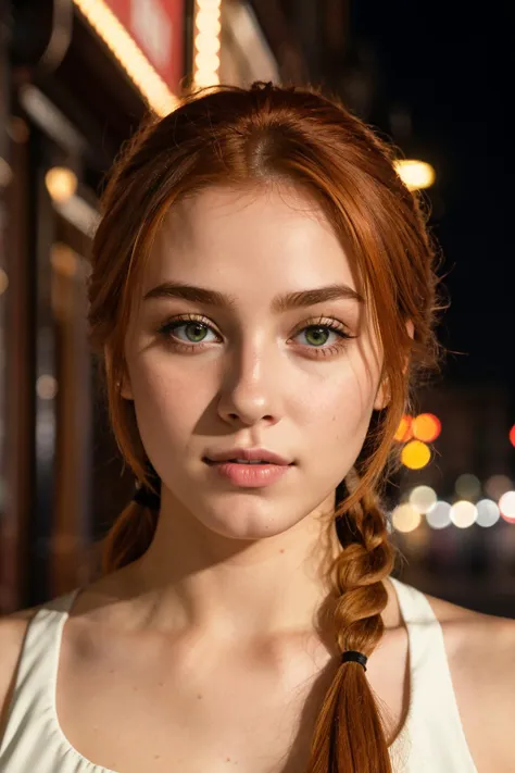 "Streetpunk Sexy" - Visualize a portrait of a young 22 year old ginger woman on bourbon street at night. The candid photo,taken from a distance,captures her indifferent expression in the midst of the urban night. She is wearing a white dress,low cut neckline,with body sweat and wetness hinting at the city's humid atmosphere. messy hair,pigtails,long hair,red hair,candid pose,head tilt,The photo,taken with a Canon EOS 5D Mark III,showcases her natural skin texture,including blush (0.3) and pores (0.3),in hyperrealistic detail under soft,sharp lighting. The depth of field focuses on her detailed face,against a backdrop of soothing,muted colors and high contrast,creating a dark,yet gorgeous (1.2) and immersive night scene,from a distance,looking at the viewer,green eyes,, Ultra-HD-details