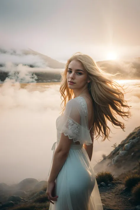 breathtaking,glowing,robe,(fog,:1.4) (mist:1.4),1girl,beautiful,long hair,solo,(photorealistic:1.4),cowboy shot,cinematic angle,motion blur,Long hair fluttering in the wind,long,wave,blonde hair,freckles,Thorough,analog style,female focus,highest quality,(highly detailed skin),perfect face,skin pores,(bokeh:0.6),sharp focus,dappled lighting,(backlighting:0.7),film grain,photographed on a Sony A7R IV,18mm F/1.7 cine lens,(highly detailed, intricately detailed),8k,HDR,front view,(full body visible:1.2) . award-winning,professional,highly detailed,golden hour,, Ultra-HD-details