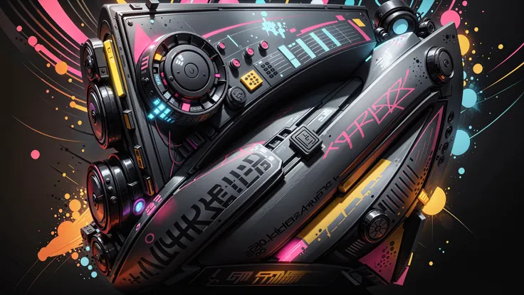 sound_system,radio,music,notes,robotic,tron,glowing haze,tv_screen,yellow,pink,black,(astraaligraffiti, graffiti wall:1.2),<lora:Astraali_GRAFFITI:1>,<lora:colorv1.7:0.4>,color,