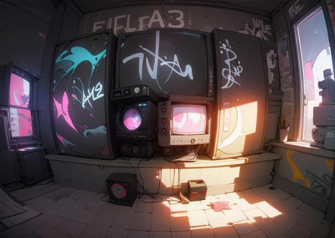 (masterpiece, best quality), studio room, cluttered space, (astraaligraffiti, graffiti wall:1.2) <lora:Astraali_GRAFFITI:0.7>, <lora:Monitors:0.7>