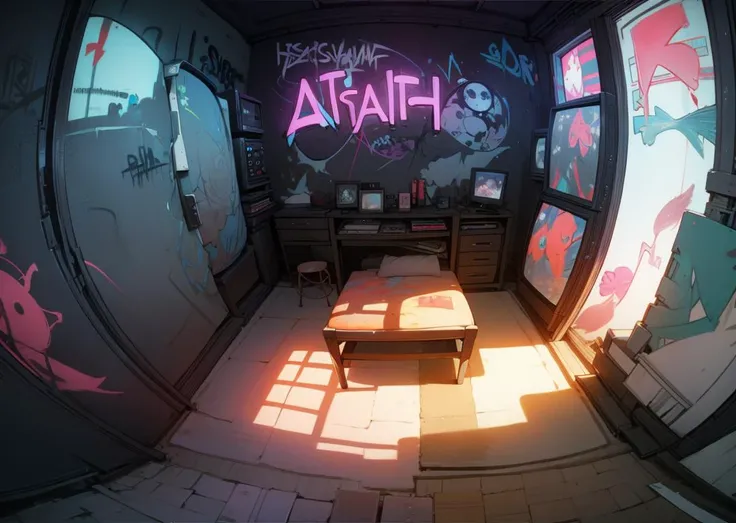 (masterpiece, best quality), studio room, cluttered space, (astraaligraffiti, graffiti wall:1.2), <lora:add_detail:0.6> <lora:Astraali_GRAFFITI:0.83>,