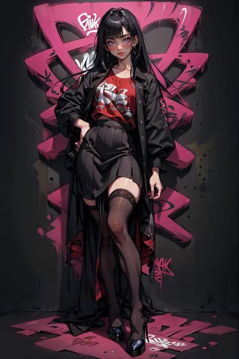 ((masterpiece, high quality, best quality, 8k, wallpaper, detailed, realistic)), korean popstar, thighhighs, high heels, ruffled skirt, long legs, skinny, black hair, pretty hands, fringe, full body, simple red background, palm trees, <lora:Astraali_GRAFFITI:1>, (graffiti wall:1.2), muscular, <lora:Astraali_MFFB:0.6>