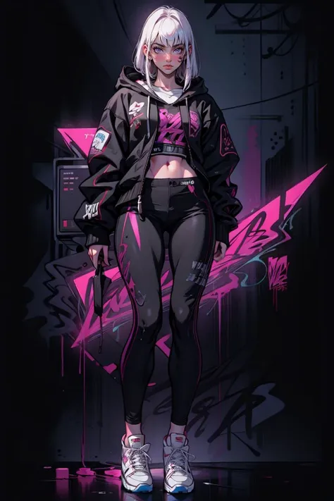 ((masterpiece, high quality, best quality, 8k, wallpaper, detailed, realistic)), woman, dynamic pose, sneakers, hoodie, pretty hands, fringe, full body, cyberpunk, cybercity, neon lighting, palm trees, <lora:Astraali_GRAFFITI:1>, (graffiti wall:1.2), astraali_style, <lora:Astraali_STYLE:0.6> <lora:GoodHands-beta2:1>