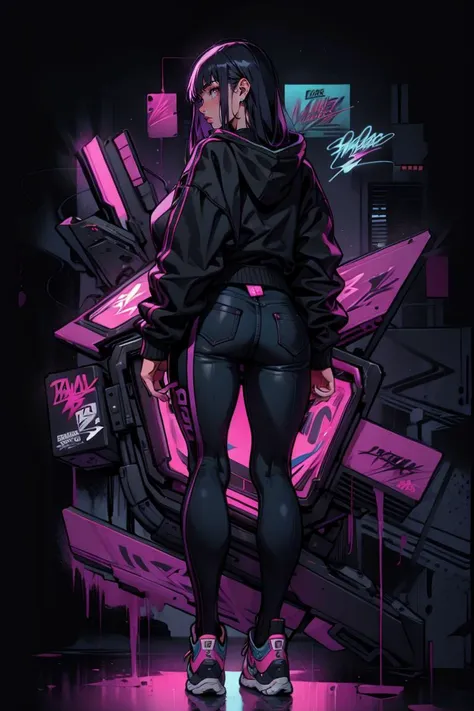 ((masterpiece, high quality, best quality, 8k, wallpaper, detailed, realistic)), woman, dynamic pose, sneakers, hoodie, pretty hands, fringe, full body, cyberpunk, cybercity, neon lighting, palm trees, <lora:Astraali_GRAFFITI:1>, (graffiti wall:1.2), astraali_style, <lora:Astraali_STYLE:0.6> <lora:GoodHands-beta2:1> view from behind,