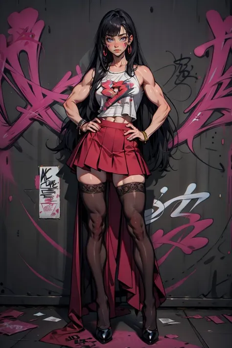 ((masterpiece, high quality, best quality, 8k, wallpaper, detailed, realistic)), korean popstar, thighhighs, high heels, ruffled skirt, long legs, skinny, black hair, pretty hands, fringe, full body, simple red background, palm trees, <lora:Astraali_GRAFFITI:1>, (graffiti wall:1.2), muscular, <lora:Astraali_MFFB:0.6>