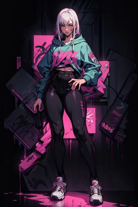 ((masterpiece, high quality, best quality, 8k, wallpaper, detailed, realistic)), woman, dynamic pose, sneakers, hoodie, pretty hands, fringe, full body, cyberpunk, cybercity, neon lighting, palm trees, <lora:Astraali_GRAFFITI:1>, (graffiti wall:1.2), astraali_style, <lora:Astraali_STYLE:1> <lora:GoodHands-beta2:1>