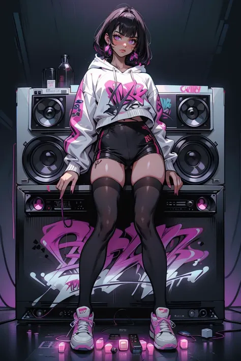 (detailed, masterpiece, 8k, 8k wallpaper), 1girl, sexy posing, hoodie, sneakers, thighhighs, pink panties BREAK cybercity, cyberpunk, street, graffiti on walls, neon lights, signs BREAK dark makeup, dark eyes, dark hair, fringe, bangs, BREAK (boombox:1.4), 
<lora:Astraali_GRAFFITI:1>, (graffiti wall:1.2), <lora:GoodHands-beta2:1>