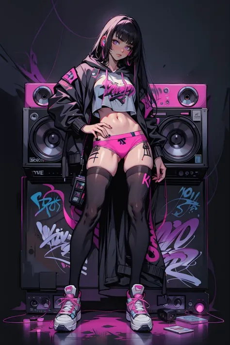 (detailed, masterpiece, 8k, 8k wallpaper), 1girl, sexy posing, hoodie, sneakers, thighhighs, pink panties BREAK cybercity, cyberpunk, street, graffiti on walls, neon lights, signs BREAK dark makeup, dark eyes, dark hair, fringe, bangs, BREAK (boombox:1.4), 
<lora:Astraali_GRAFFITI:1>, (graffiti wall:1.2), <lora:GoodHands-beta2:1>