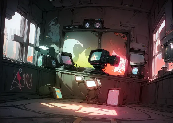 (masterpiece, best quality), (wide angle view:1.3, fisheye:1.5), studio room, cluttered space, (neon_pop style art:1.2, cinematic lighting:1.2) green, blue, (astraaligraffiti, graffiti wall:1.3), <lora:add_detail:0.6> <lora:Astraali_GRAFFITI:1.2>, monitor stack, <lora:Monitors:1.2>