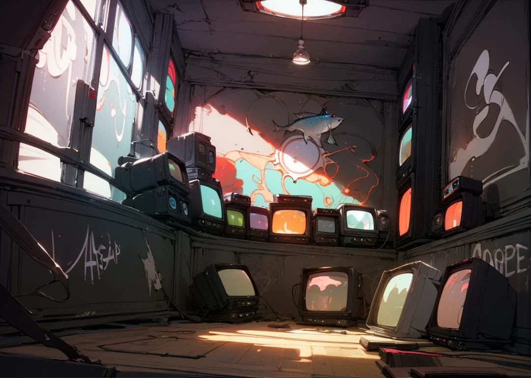 (masterpiece, best quality), (wide angle view:1.3, fisheye:1.5), studio room, cluttered space, (neon_pop style art:1.2, cinematic lighting:1.2) green, blue, (astraaligraffiti, graffiti wall:1.3), <lora:add_detail:0.6> <lora:Astraali_GRAFFITI:1.2>, monitor stack, <lora:Monitors:1.2>