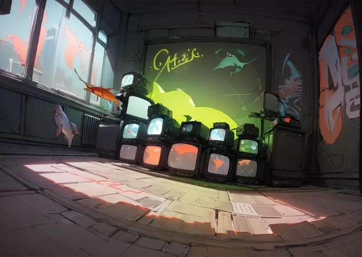 (masterpiece, best quality), (wide angle view:1.3, fisheye:1.5), studio room, cluttered space, (neon_pop style art:1.2, cinematic lighting:1.2) green, blue, (astraaligraffiti, graffiti wall:1.3), <lora:add_detail:0.6>  <lora:Astraali_GRAFFITI:1.2>,  monitor stack, <lora:Monitors:1.2>