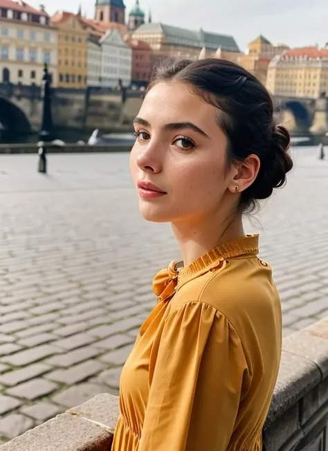 portrait of sks woman in Prague, at the Prague Castle, by Flora Borsi, style by Flora Borsi, bold, bright colours, ((Flora Borsi)), by Gregory Crewdson, <lora:lora-small-andrea-botez-v1:1>