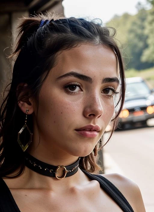 A stunning intricate color close up portrait of (sks woman:1) , wearing choker, epic character composition, sharp focus, natural lighting, subsurface scattering, f2, 35mm, film grain, , by Gregory Crewdson, <lora:lora-small-andrea-botez-v1:1>