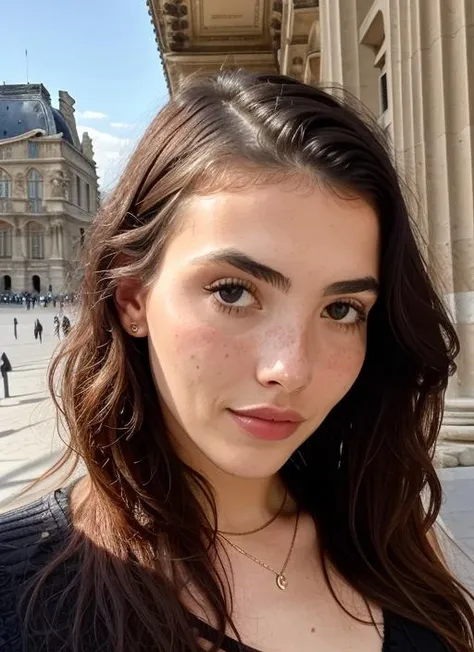 portrait of sks woman in Paris, at the Louvre Museum, by Flora Borsi, style by Flora Borsi, bold, bright colours, ((Flora Borsi)), by Edward Weston, <lora:lora-small-andrea-botez-v1:1>
