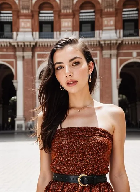 portrait of sks woman in Seville, at the Plaza de Espaa, by Flora Borsi, style by Flora Borsi, bold, bright colours, ((Flora Borsi)), by Michael Kenna, <lora:lora-small-andrea-botez-v1:1>