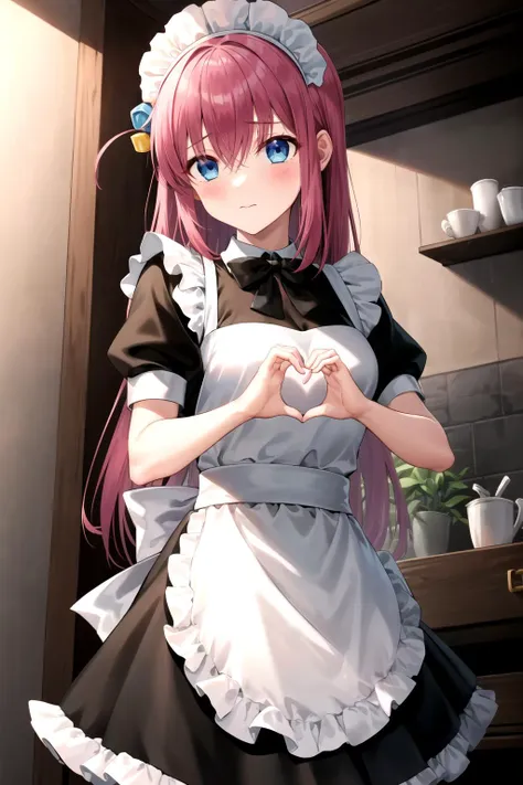 masterpiece, best quality, 1girl, standing, gotou hitori <lyco:Hitori-000008:1.0>, hair ornament, black dress, bowtie, maid headdress, white apron, indoors, closed mouth, blush, heart hands, looking at viewer