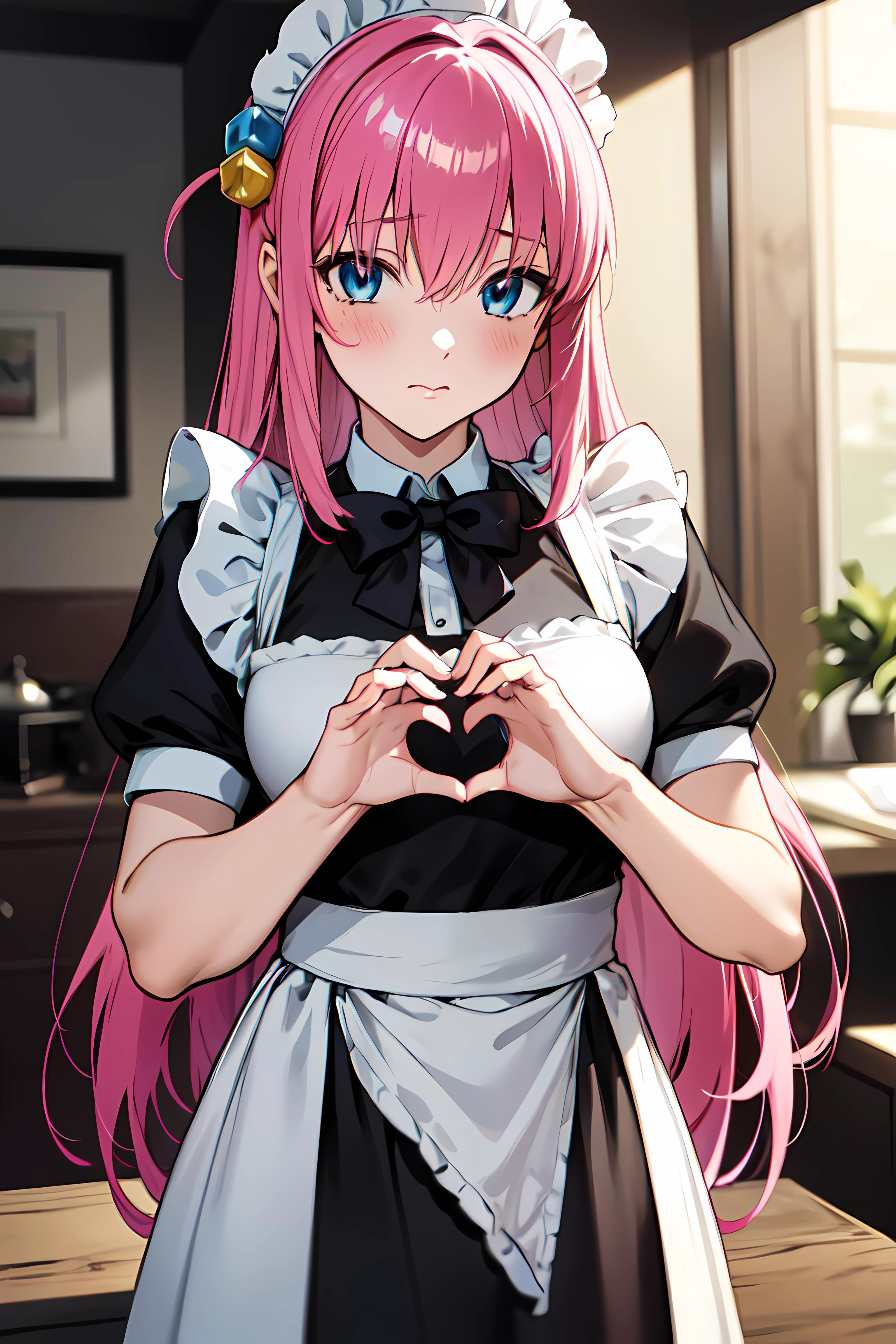 anime artwork anime artwork masterpiece,best quality, unreal engine, ultra res, extremely detailed,
1girl, solo, waist, (slender:1.4), (muscular:0.8)
<lora:hews style by goofy ai:0.4><cutesexyrobutts_v2:0.2><lora_puuzaki-puuna-lora-v1:0.2>
gotou hitori<lora:Hitori:0.8> hair ornament, black dress, bowtie, maid headdress, white apron, indoors, closed mouth, blush, heart hands, looking at viewer . anime style, key visual, vibrant, studio anime, highly detailed
