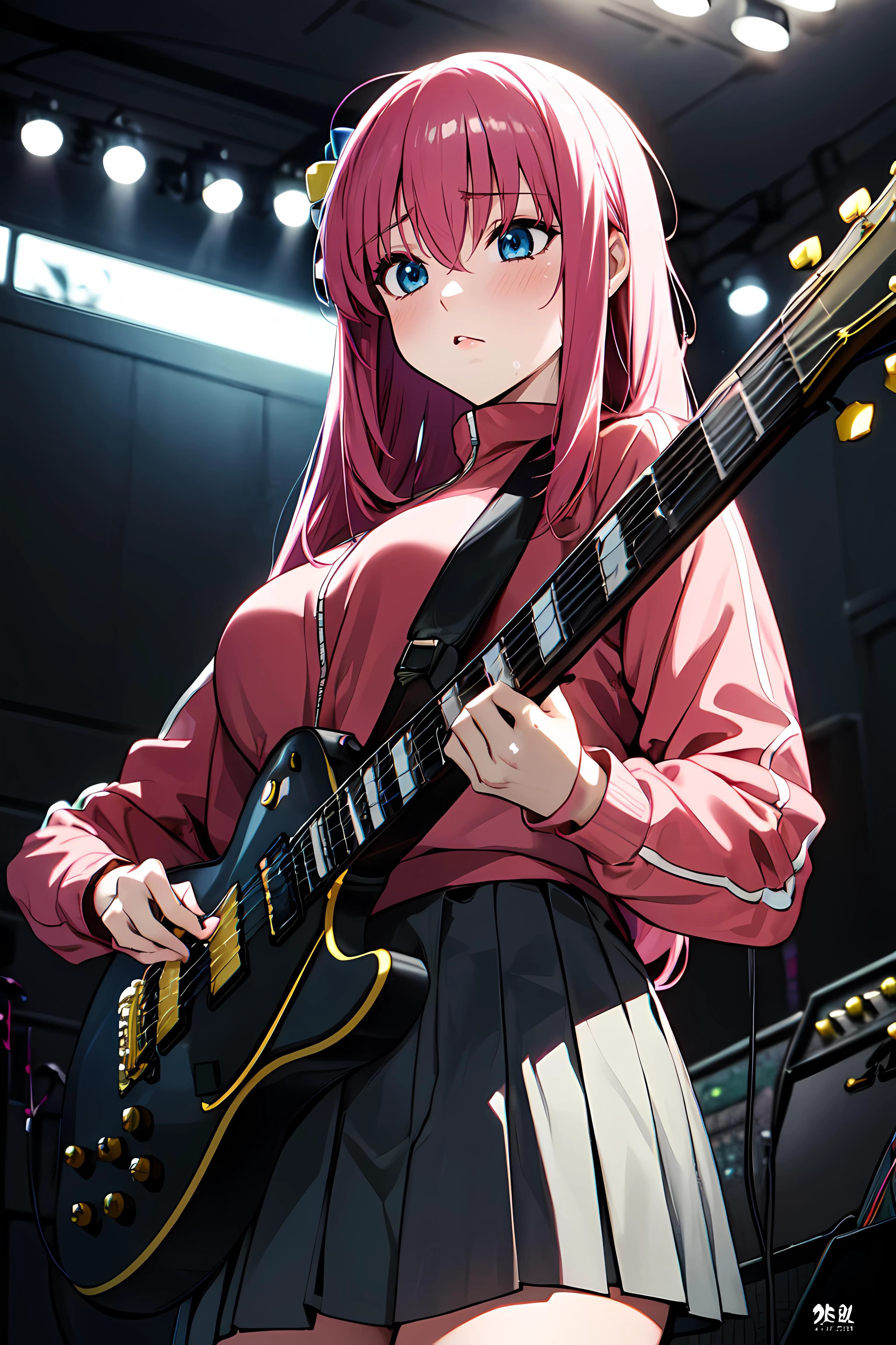 anime artwork anime artwork masterpiece,best quality, unreal engine, ultra res, extremely detailed,
1girl, solo, waist, (slender:1.4), (muscular:0.8)
<lora:hews style by goofy ai:0.4><cutesexyrobutts_v2:0.2><lora_puuzaki-puuna-lora-v1:0.2>
gotou hitori <lora:Hitori:1>, hair ornament, jacket, skirt, looking down,
instrument, guitar, playing instrument, holding instrument, electric guitar,
indoors, dark, blush . anime style, key visual, vibrant, studio anime, highly detailed