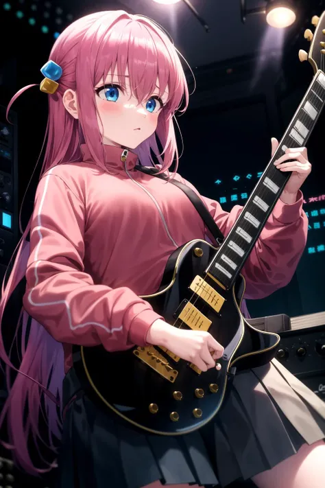 masterpiece, best quality, 1girl, standing, gotou hitori <lyco:Hitori-000008:1.0>, hair ornament, jacket, skirt, looking down, instrument, guitar, playing instrument, holding instrument, electric guitar, indoors, dark, blush