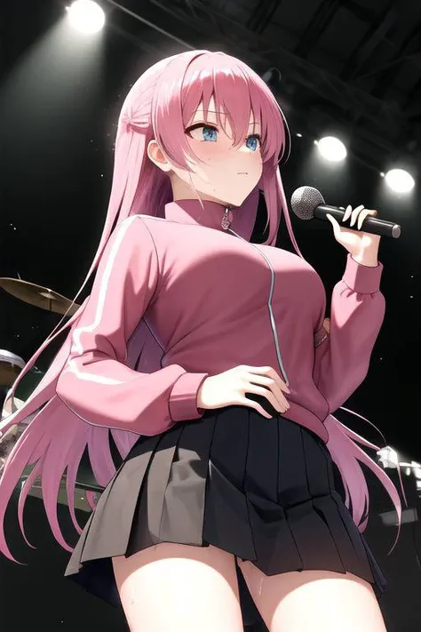 <lora:gotou_hitori_v1:0.7> gotou1, gotou hitori, solo, skirt, pink jacket, track jacket, bangs, hair between eyes, long sleeves, medium breasts, stage, holding instrument, guitar, from below, band, sweat, looking up, backlighting, indoors, squinting, <lora:GoodHands-vanilla:1> nice hands, perfect hands, masterpiece, best quality, highres,