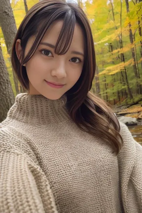 1girl,(wearing sweater:1.2),(RAW photo, best quality), (realistic, photo-realistic:1.4), masterpiece, an extremely delicate and beautiful, extremely detailed, 2k wallpaper, Amazing, finely detail, extremely detailed CG unity 8k wallpaper, ultra-detailed, highres, soft light, beautiful detailed girl, extremely detailed eyes and face, beautiful detailed nose, beautiful detailed eyes,cinematic lighting,in a beautiful forest of pine trees at a Japanese countryside,autumn scenery,maple trees in autumn,by a small rocky river,sunlight,perfect anatomy,slender body,smiling, <lora:tamegaihana_lora:0.8>
