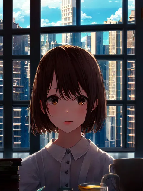 masterpiece,best quality,1girl,solo, looking at viewer,face-to-face,close-up,window, short hair, brown hair, cloud, building,library, cityscape, sky, cup, indoors, city, glass,