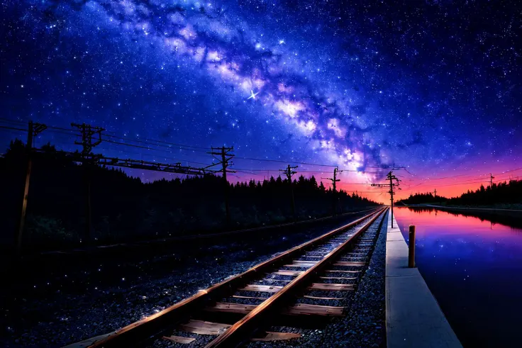 masterpiece,best quality,star (sky), starry sky, sky, night, scenery, no humans, train, outdoors, night sky, milky way, ground vehicle, water, reflection, railroad tracks, power lines