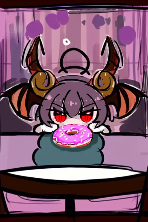 adorable demon chibi, menacing glare, horns, hell background, sketch, eating a donut, ornate table, cafe background, sitting across from each other