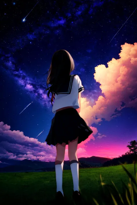 masterpiece,1girl, star (sky), sky, outdoors, solo, scenery, starry sky, skirt, night, school uniform, socks, night sky, standing, serafuku, milky way, from behind, pleated skirt, kneehighs, shoes, grass, black hair, shooting star, white socks, shirt, facing away, black skirt, cloud, wide shot