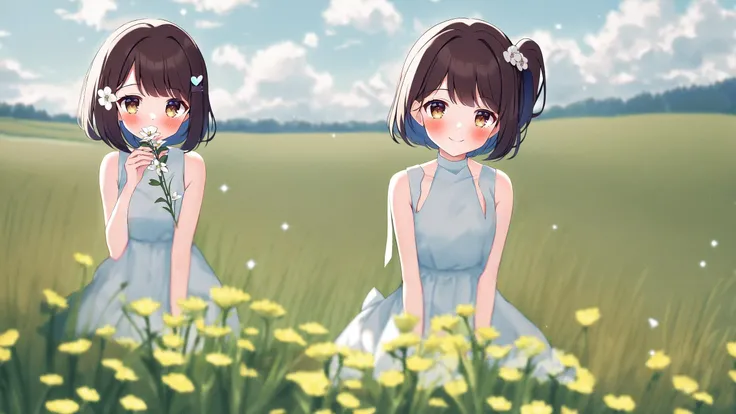 masterpiece, solo, 1girl, flower, outdoors, solo, brown hair, dress, brown eyes, hair ornament, day, cloud, sitting, sky, holding (flower:1.1), (grass:1.05), white dress, looking at viewer, blush, heart warming smile, sparkling eyes, perfect summer weather, side ponytail straight hair, blue sky, bokeh, sleeveless dress, bare shoulders, sleeveless, bangs, blurry background, field, white flower, hairclip, cloudy sky, depth of field, visual novel picturesque, elegant face