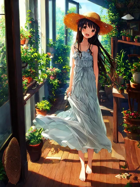 masterpiece,best quality,1girl, solo, hat, barefoot, long hair, indoors, window, sundress,open mouth, smile, plant, table, potted plant, bed, pillow, white dress, wind, looking at viewer, straw hat, standing, :d, lamp, sun hat