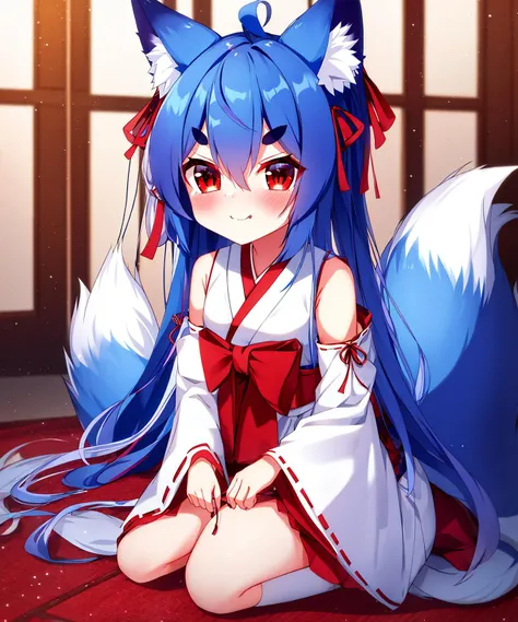 masterpiece,best quality,1girl, animal ears, tail, solo, fox ears, fox tail, detached sleeves, japanese clothes, long hair, ahoge, sitting, multicolored hair, fox girl, ribbon-trimmed sleeves, looking at viewer, fang, seiza, smile, animal ear fluff, miko, red eyes, red hair, gradient hair, fang out, ribbon trim, closed mouth, wide sleeves, blue hair, thick eyebrows, blush, kimono, long sleeves, full body, bangs, hakama, multiple tails, white kimono, hair between eyes, short eyebrows, red hakama, sleeves past wrists, skirt