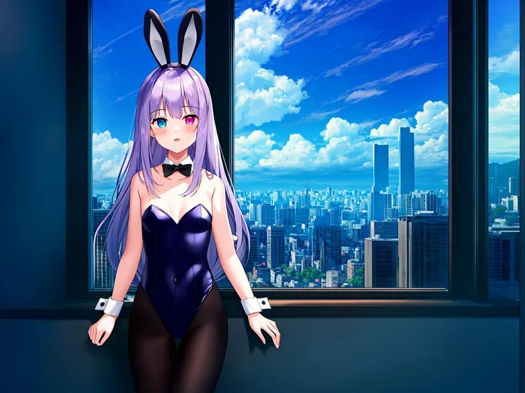 masterpiece,1girl, solo, heterochromia,animal ears, pantyhose, rabbit ears, tail, long hair, purple eyes, rabbit tail, bowtie,bow, wrist cuffs, leotard, detached collar,black leotard, black bow, blue eyes, looking at viewer, fake animal ears, black bowtie, grey hair, strapless leotard, black pantyhose, strapless, small breasts, cowboy shot,scenery, window, plant, sky, cityscape, building, indoors, cloud, city, skyscraper, day, \