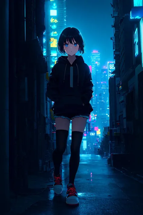 masterpiece,best quality,1girl, solo, blue eyes, shoes, sneakers, hood, short hair, neon lights, looking at viewer, shorts, hoodie, outdoors, hood down, building, sign, night, hands in pockets, city, thighhighs, black hair, bangs, scenery, long sleeves, skyscraper, jacket, pantyhose, cityscape, black thighhighs