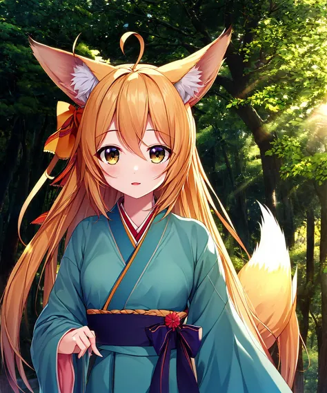 masterpiece,best quality,extremely detailed CG,kawaii,cute,sunlight,solo,long_hair ,ahoge,small breasts,tail ,fox ears,blond hair,
kimono,hair_ribbon, hair_bow,
beautiful detailed (forest:0.9),