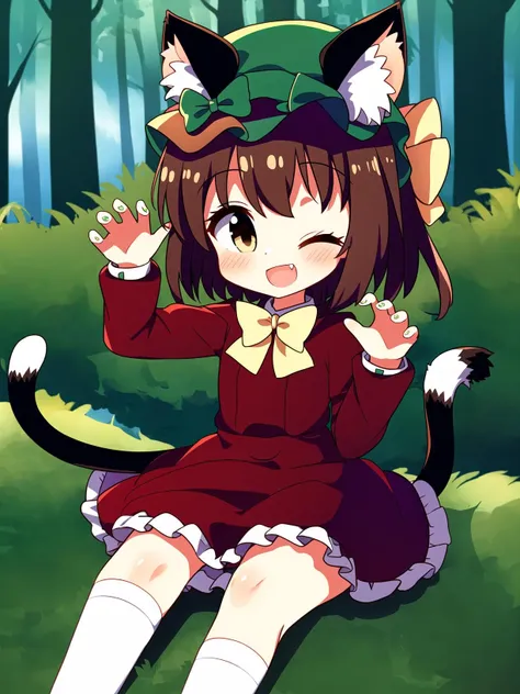 masterpiece,1girl, animal ears, solo, chen, one eye closed, brown hair, red dress, tail, multiple tails, cat ears, hat, two tails, mob cap, cat tail, green headwear, bow, open mouth, bloomers, brown eyes, earrings, jewelry, smile, bowtie, underwear, fang, socks, short hair, long sleeves, dress, heart, white bowtie, white bow, ;d,claw pose, animal ear fluff, white socks, nekomata, looking at viewer, sitting, single earring,extremely detailed forest