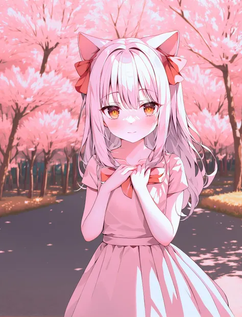 (pink tone:0.7),<lora:CT_mergev5:1>,masterpiece,best quality,solo,(close-up shot:0.4),
solo a [blush:shy :0.6] white long hair girl wearing dress,white cat ears,white hair bow,short sleeves,hands on chest,orange eyes,looking at viewer,outdoors,cherry trees,