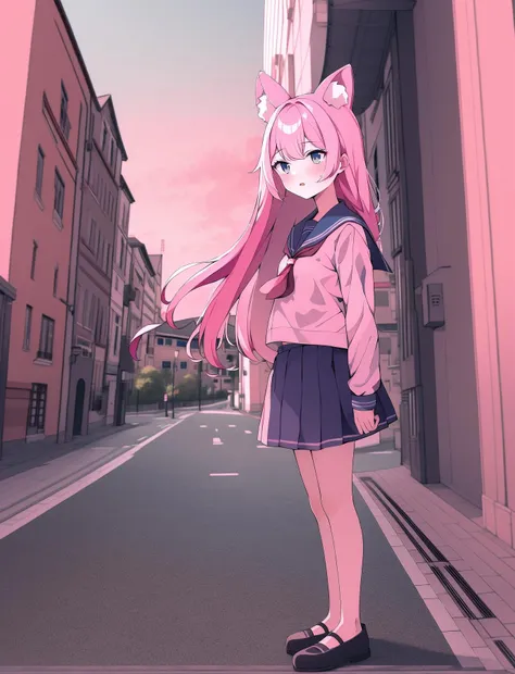 masterpiece,best quality,1girl,solo,animal ears,animal ear fluff,pink hair,long hair,blue eyes,
sailor,sailor collar,standing,street,cityspace,sky,cloud,dawn,sunset,(orange tone:0.7),(red toneL:0.4),<lora:CT_mergev5:1>,