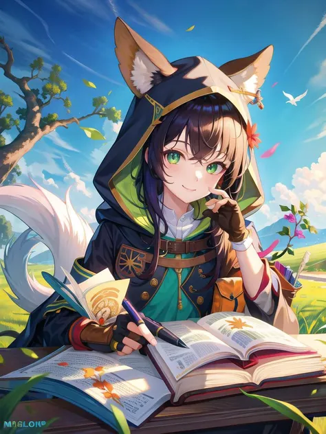 masterpiece,high resolution illustration,best quality,colorful,finely detailed beautiful eyes and detailed face,sunlight,extremely detailed CG unity 8k wallpaper,bust shot,
1girl, animal, animal_ears, bird, black_hair, book, bookmark, branch, gloves, grass, green_hair, holding, holding_book, hood, hood_down, leaf, looking_at_viewer, multicolored_hair, open_book, partially_fingerless_gloves, pen, plant, pouch, quill, reading, sitting, smile, solo, tail, tree, tree_stump